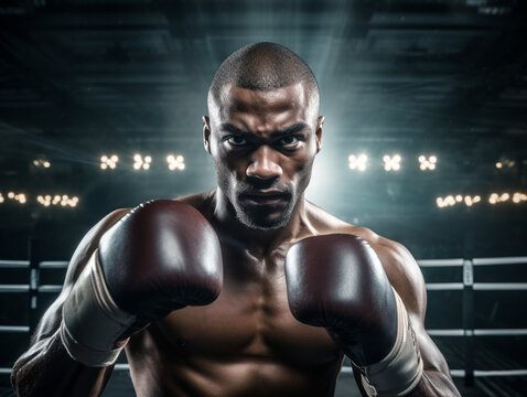 Generative AI image of an African American male boxer fighting with gloves up looking at camera in the boxing ring