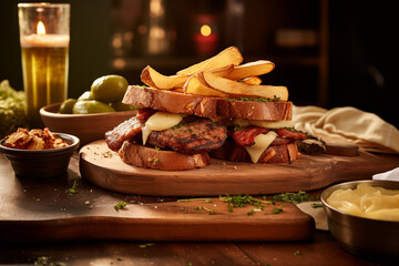 Gourmet steak sandwich with fries and a cold beer Generative AI image