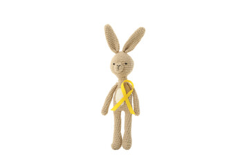 PNG, A soft toy bunny with a yellow ribbon, isolated on white background