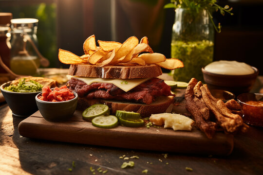 Gourmet steak sandwich with sides on rustic table Generative AI image