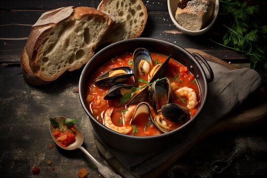 Rustic seafood soup with fresh bread on dark background Generative AI image