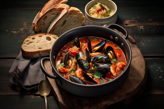 Seafood stew with mussels and shrimp in a rustic pot Generative AI image