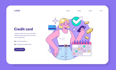 Credit card web banner or landing page. Bank-offered financing of purchases. Individual and business credit card. Credit arrangements and rating. Flat vector illustration