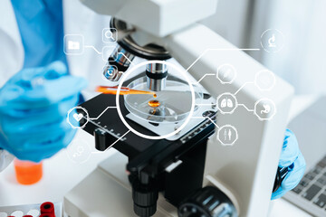 .Dctor work on digital tablet healthcare doctor technology tablet using computer in laboratory study with virtual icon