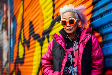 Stylish Senior Woman Against Vibrant Graffiti Wall Generative AI image