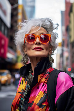 Fashionable senior woman wearing sunglasses in the city Generative AI image