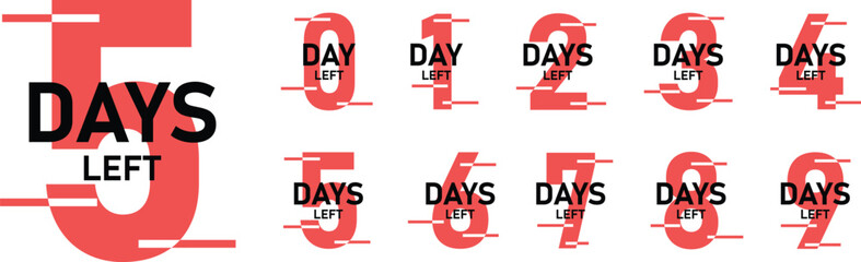 Days left, days to go from 0 to 9. Promotional Red banner countdown left days. Vector illustration