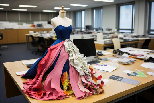 Elegant designer dress on mannequin in office space Generative AI image