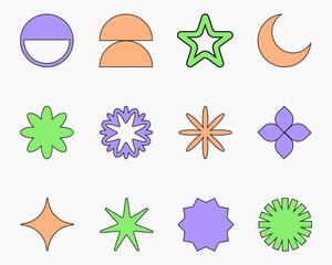 Set of retro symbols, shapes and signs in y2k aesthetic, abstract icons, web buttons, decorative design elements. Vector illustration.