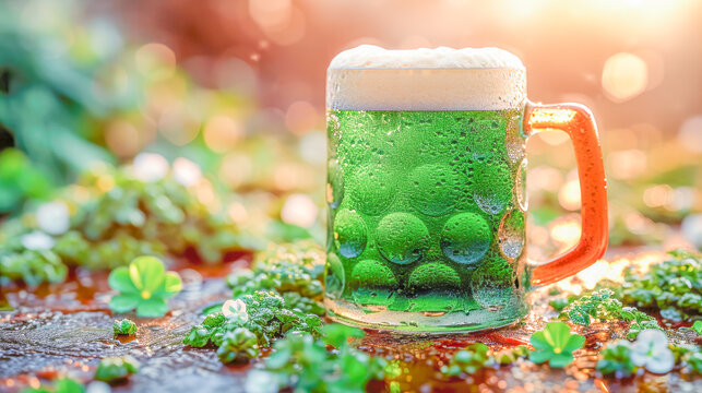 Abstract composition of green beer mug and clover leaves, St. Patrick's Day celebration in March, drinks concept, generative ai