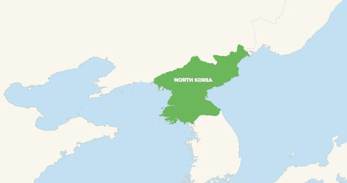World Map Zoom In To North Korea. Animation in 4K Video. Green North Korea Territory On Blue and White World Map
