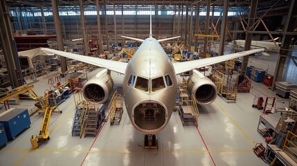 An aviation hangar in which an aircraft is assembled - obrazy, fototapety, plakaty