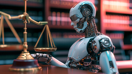 A futuristic robot and scales of justice in a courtroom. Concept of legislation on AI and machines. Shallow field of view.
 - obrazy, fototapety, plakaty