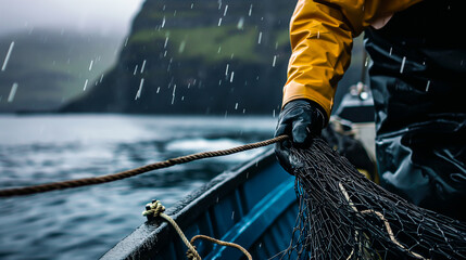 Close up of a Fisherman in rough weather handling nets on his boat. Concept of industrial fishing. Shallow field of view.
