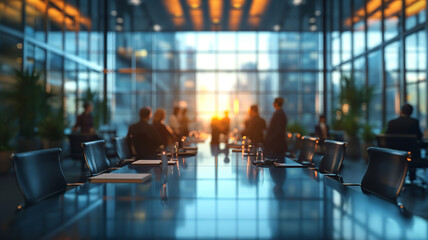 Blurred business people meeting in modern office building conference room - obrazy, fototapety, plakaty