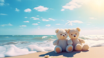 Two teddy bears sitting sea view. Love and relationship concept. Beautiful white sandy beach in the summer.
