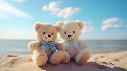Two teddy bears sitting sea view. Love and relationship concept. Beautiful white sandy beach in the summer.
