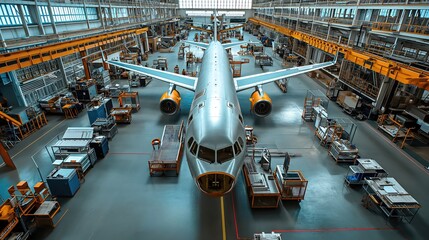 An aviation hangar in which an aircraft is assembled