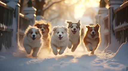 Winter running white puppies, a merry Christmas story about pets