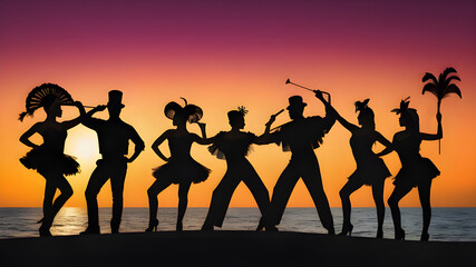 Silhouettes of performers against a sunset backdrop in carnival