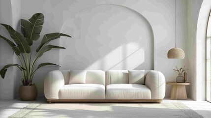 Picture of a minimalist living room decorated with a sofa. Expresses simplicity and elegance for a sleek, modern aesthetic.