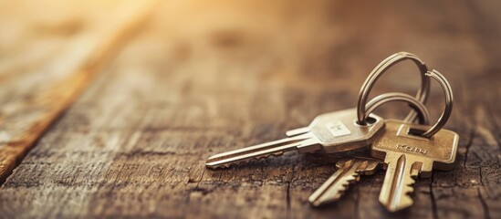 Keys with house key ring on wooden table. - obrazy, fototapety, plakaty
