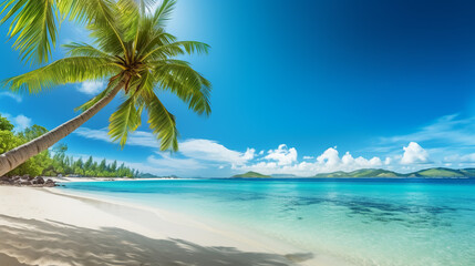 Fototapeta na wymiar Idyllic tropical beach landscape. Tourism for summer vacation landscape, holiday destination concept. Exotic island scene, relaxing view.