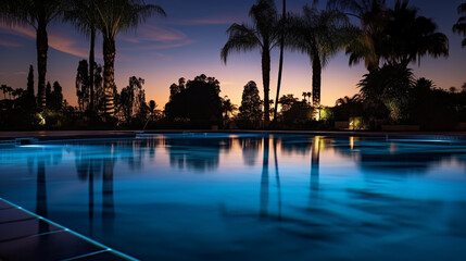 Fototapeta na wymiar Luxury hotel with swimming pool on sunset evening. pool at the seaside