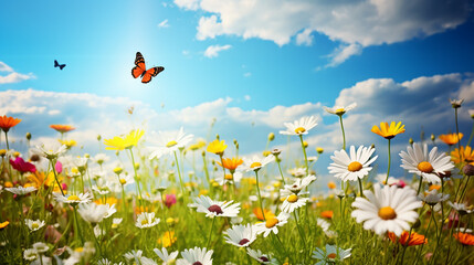 wild flower blooming field of cornflowers and daisies flowers blue sunny sky, butterfly on flowers summer landscape