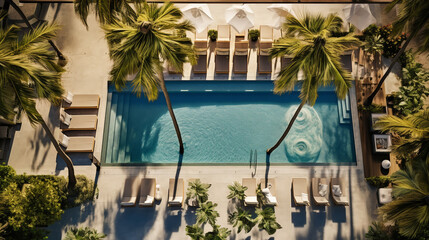 Fototapeta premium Top view Luxury hotel with swimming pool with white fashion deckchairs on the beach., Exterior design.