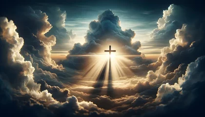Foto op Canvas Christian cross in clouds on sky, good Friday background, religious template, Christianity banner © Karlo