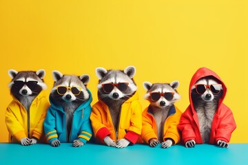 Creative animal concept. racoons in a group, vibrant bright fashionable outfits isolated on solid background advertisement, copy text space. birthday party invite invitation banner