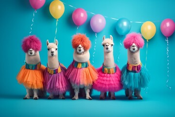 Creative animal concept. lamas in a group, vibrant bright fashionable outfits isolated on solid background advertisement, copy text space. birthday party invite invitation banner 