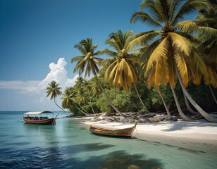 Tranquil Beach Vacation with Palm Trees, Clear Blue Sky, and Calm Sea