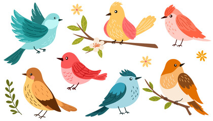 Spring birds set. Different beautiful birdie with flowers and branch. Vector cartoon illustration in childish style isolated on white. - obrazy, fototapety, plakaty