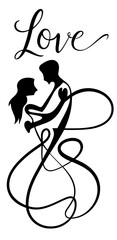graphics of a couple in love dancing with the inscription love and hearts