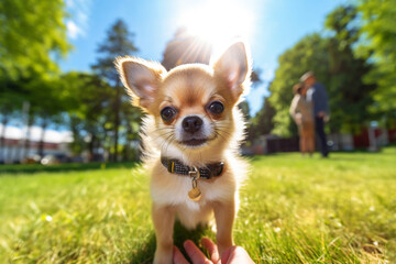 Portrait of cute chihuahua puppy in park on summer sunny day. owner carefully holds dog in his arms