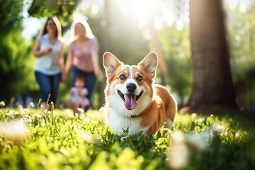 Cute corgi dog close-up on lawn in park on sunny summer day, in background happy family