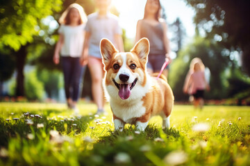 Cute corgi dog close-up on lawn in park on sunny summer day, in background happy family