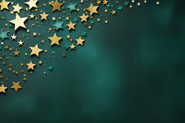 Gold and blue stars scattered on dark green background. Top view, festive background. Flat lay
