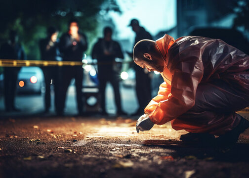 Criminologist wearing gloves examines evidence outdoors. Crime scene, fenced off with security tape