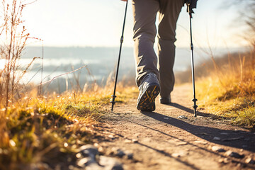 Legs of man in trekking sneakers walking on a sunny day along the road, using Nordic walking poles - Powered by Adobe