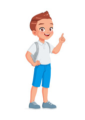 Smart little school boy index finger pointing up with idea. Cartoon vector illustration.