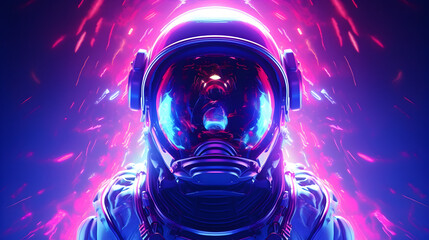 Psychedelic Retro Wave Astronaut with Neon Tubes Light. Pink Blue Violet Trendy Colors background