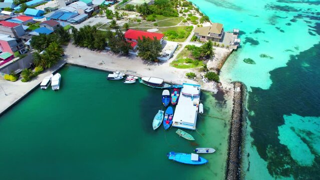 Huraa Island - Maldives - Aerial view with landing in the harbor