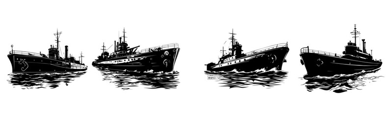 black and white silhouettes of ship  - obrazy, fototapety, plakaty