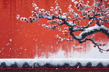Snowy illustration of winter plum blossom branches and red wall background