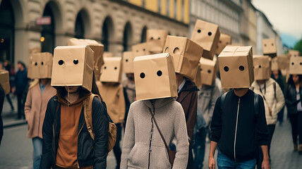 a crowd of people on the street with boxes on their heads, the concept of a public issue, unknown masked people, protest, democracy