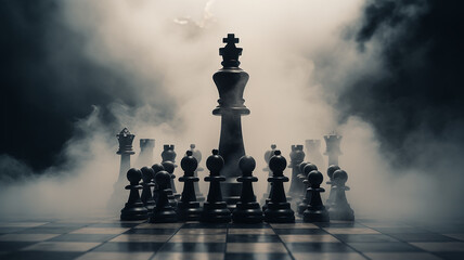 chess, the concept of strategic management, leadership, business team, decision-making, a group of chess-like figures in a fog of uncertainty, fictional figures - obrazy, fototapety, plakaty