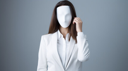 a businesswoman in a white mask hiding her face